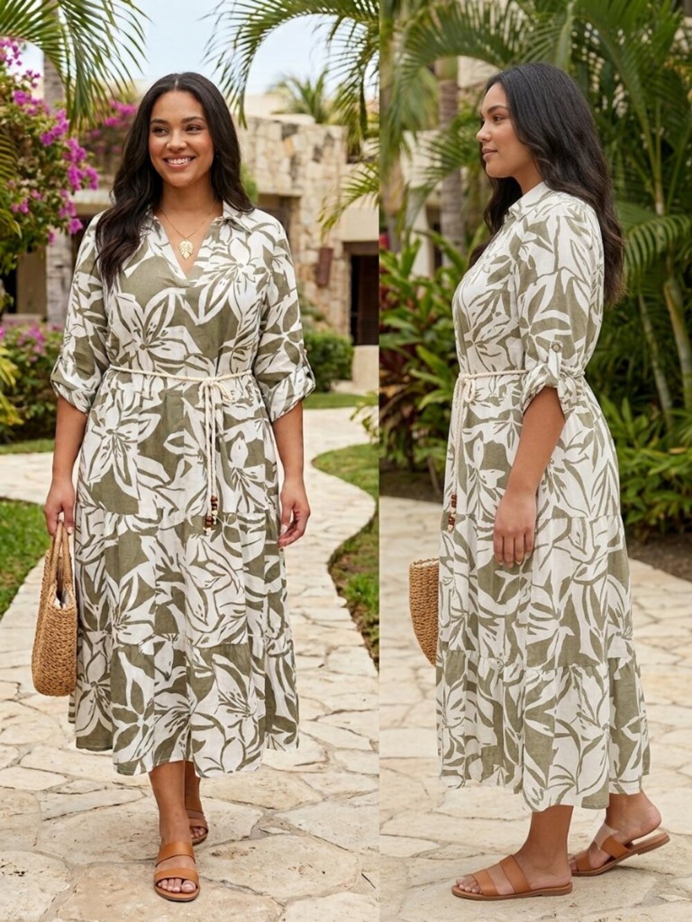 Mlle Gabrielle Olive Green White Floral Tiered Midi Vacation Dress - Size 2XL